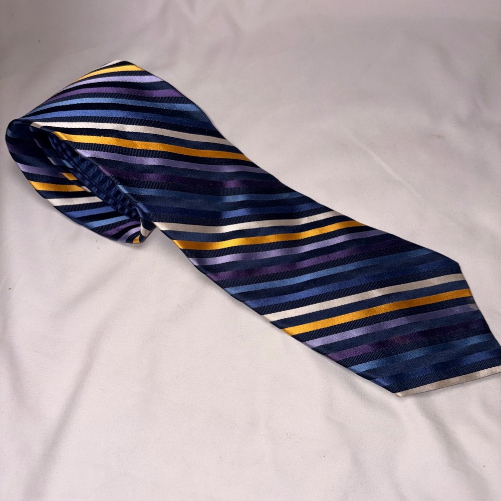Tommy Hilfiger 100% Silk Blue Purple Gold Striped Neck Tie Classic Men's